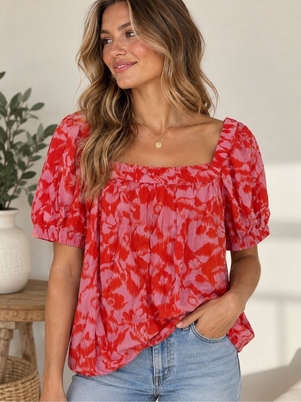 Sonoma Women’s Pink Red Floral Square Neck Puff Sleeve Peasant Blouse XL